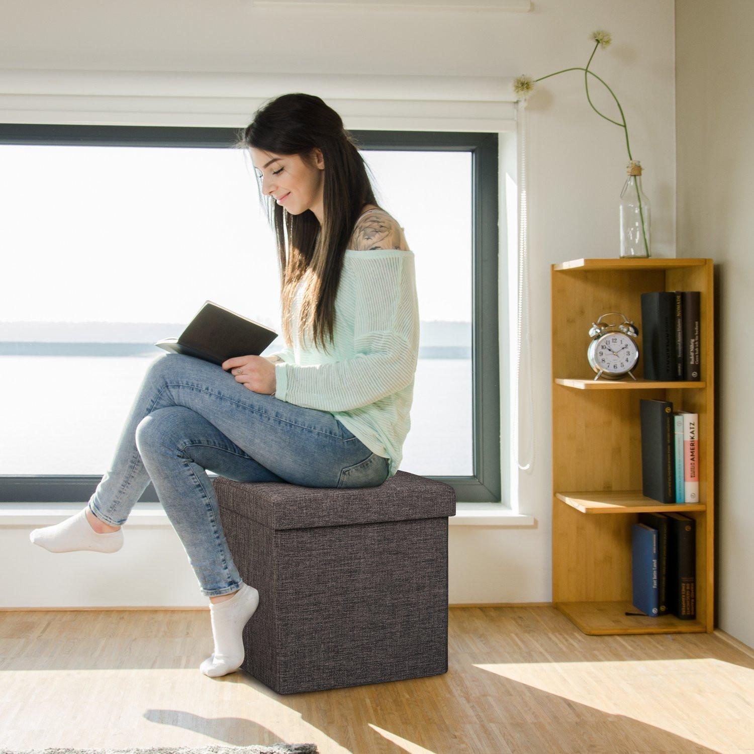 B2X Tabouret pliable avec rangement en tissu lin  