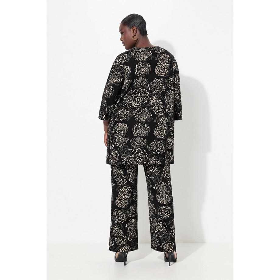 Ulla Popken Veste Jacquard Fleurs Ligne A Col V Manches 3/4  