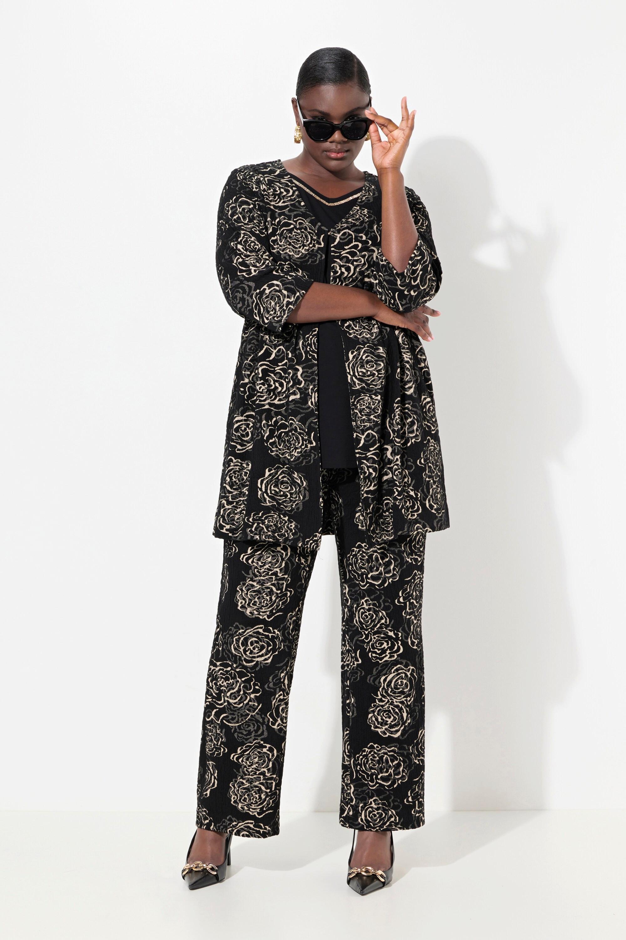 Ulla Popken Giacca Jacquard Fiori Linea A Scollo V Maniche 3/4  