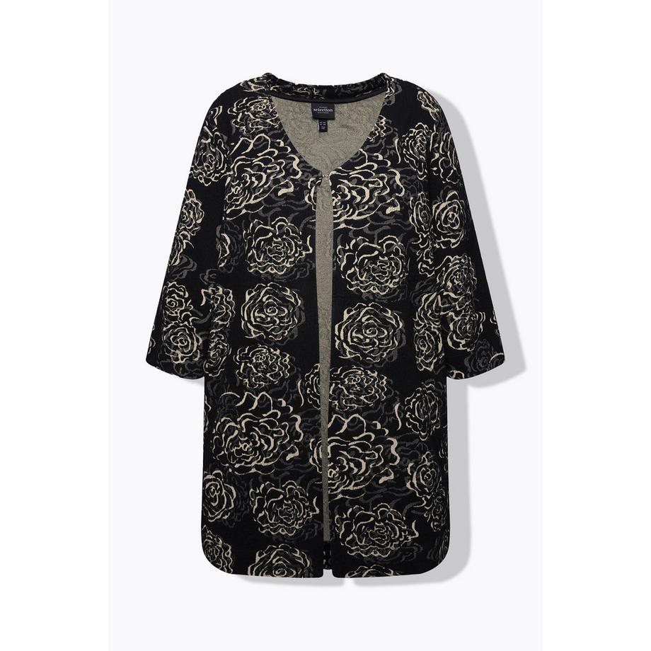 Ulla Popken Veste Jacquard Fleurs Ligne A Col V Manches 3/4  