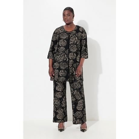 Ulla Popken Giacca Jacquard Fiori Linea A Scollo V Maniche 3/4  