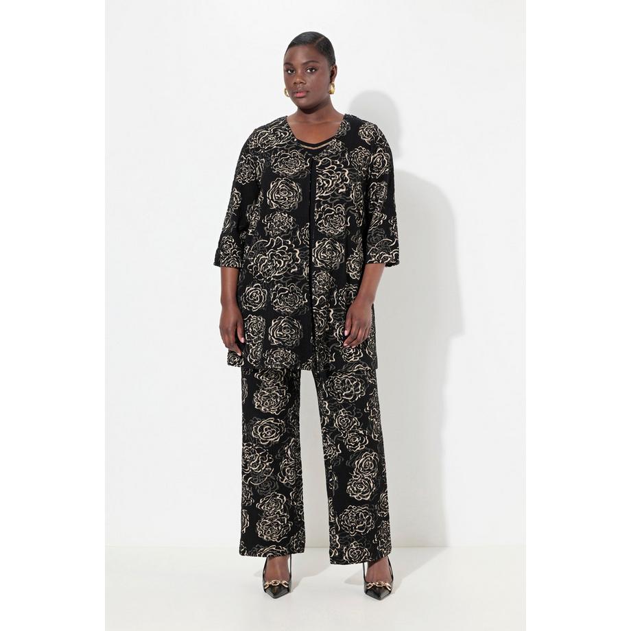 Ulla Popken Veste Jacquard Fleurs Ligne A Col V Manches 3/4  