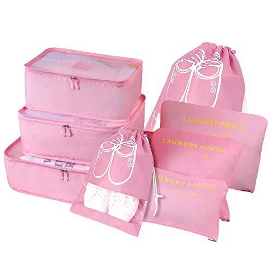 Only-bags.store  Organisateur de valise, 8-en-1 Set Organisateur de bagages, Sacs de vêtements de voyage imperméables comprenant 2 sacs à chaussures, 3 cubes d'emballage et 3 sacs de rangement, pour les vêtements, les chaussures, les sous-vêtements, les cosmétiques, Rose 
