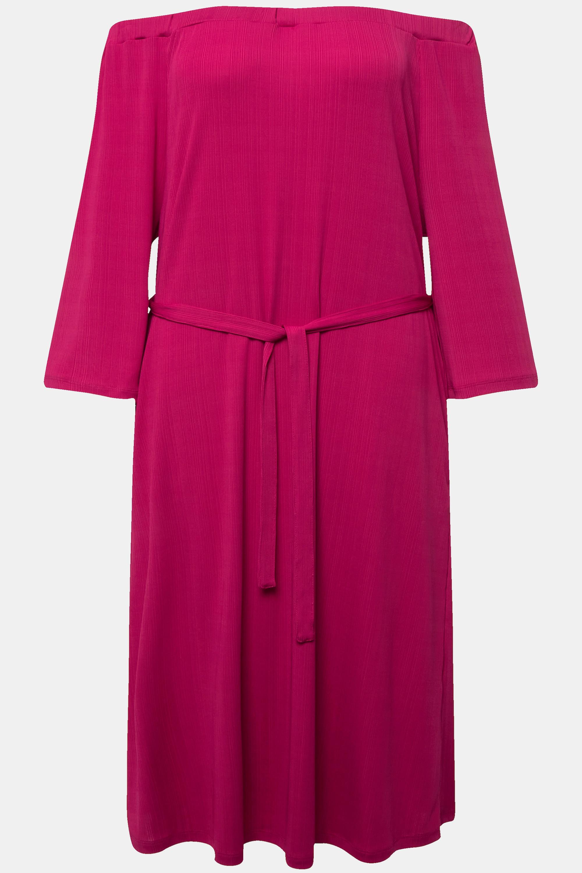 Ulla Popken  Robe midi en jersey texturé, épaules dénudées et manches 3/4 