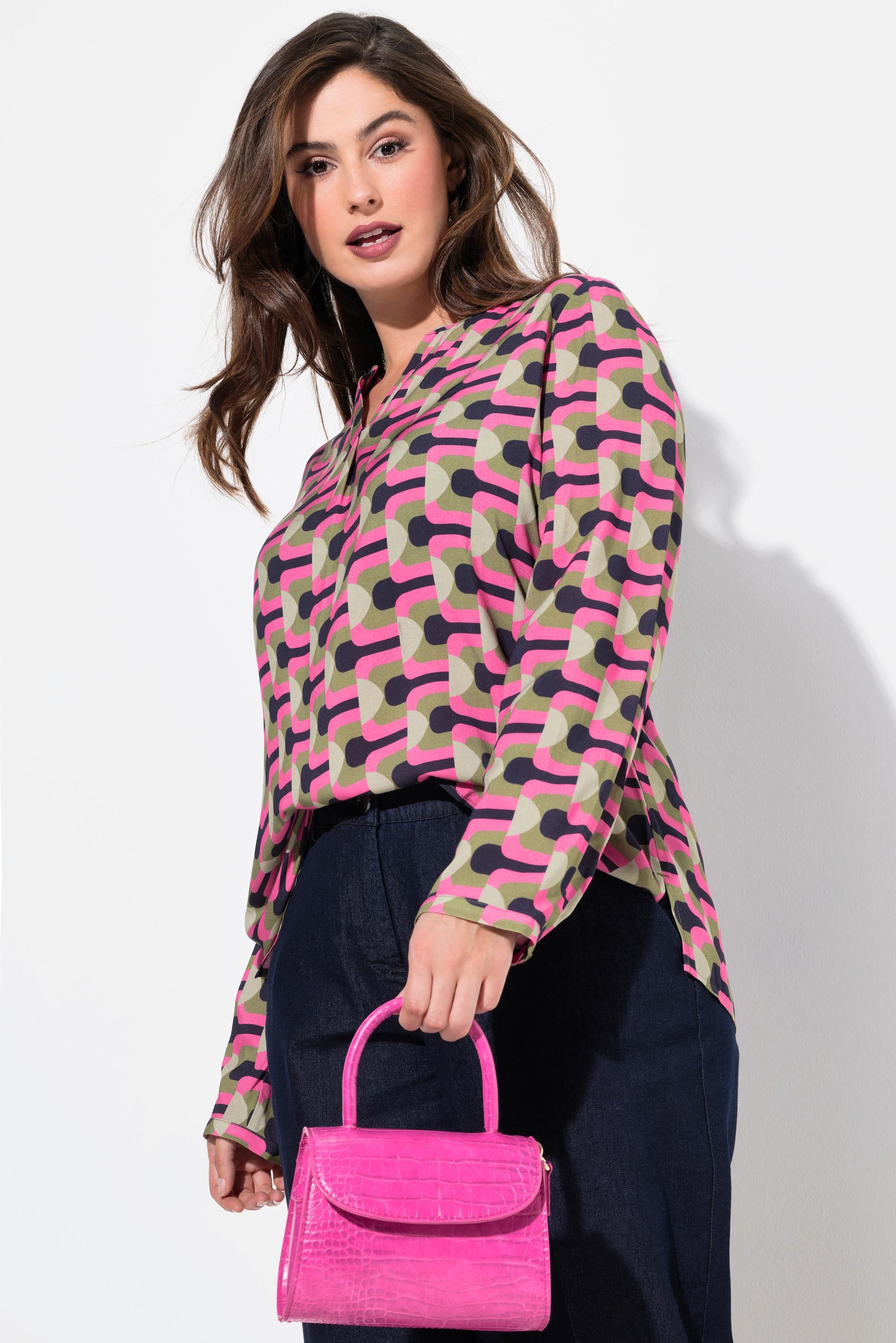 Ulla Popken Tunique Imprimé Graphique Col Tunisien Manches Longues  