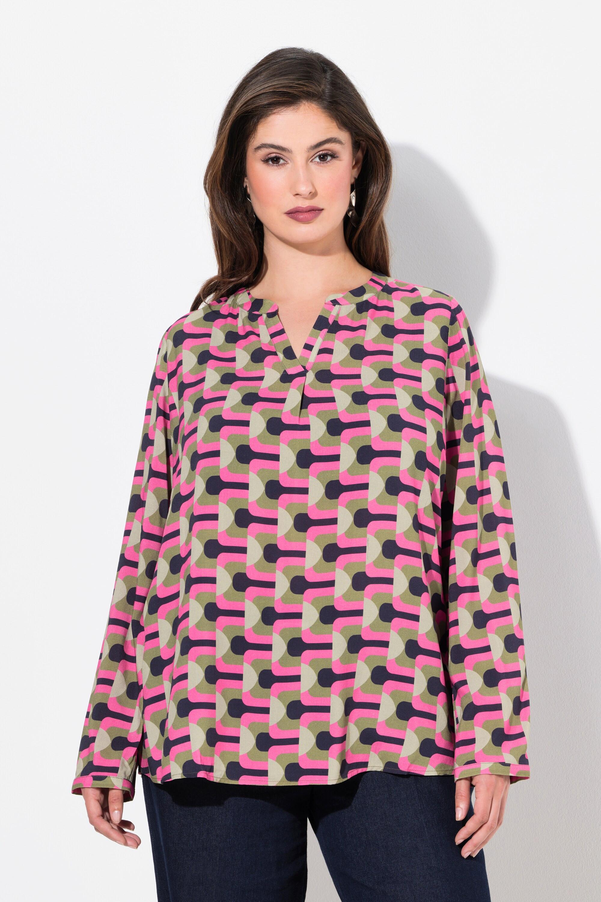 Ulla Popken Tunique Imprimé Graphique Col Tunisien Manches Longues  