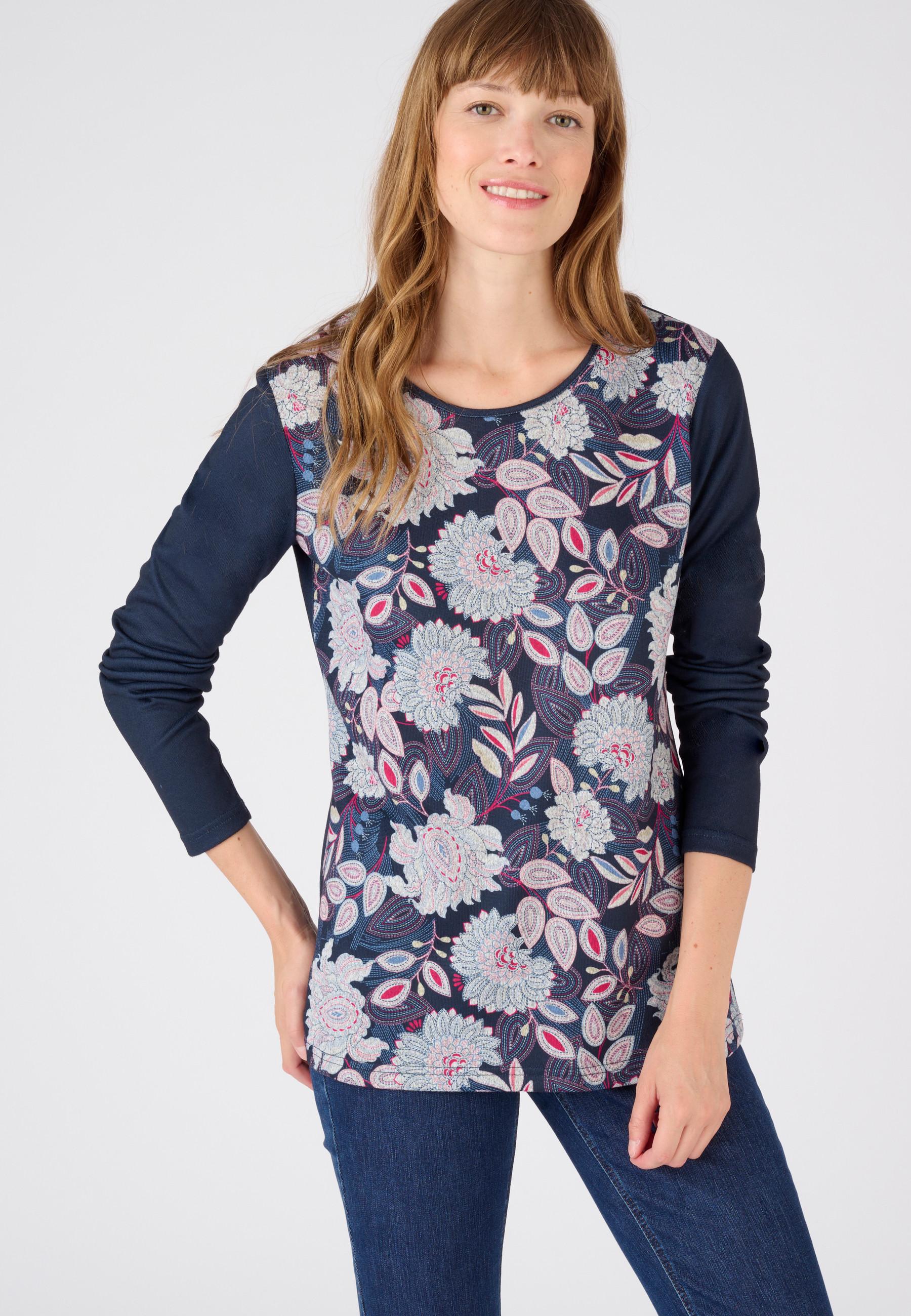 Image of Geblümtes T-shirt Aus Warmem Gewebe, Druckmotiv Im Vorderteil. Damen Blau 46-48