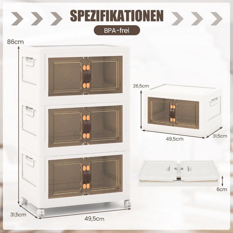 Northix Set di 3 scatole portaoggetti impilabili con coperchi, ruote e ante 49,5 x 31,5 x 86 cm  