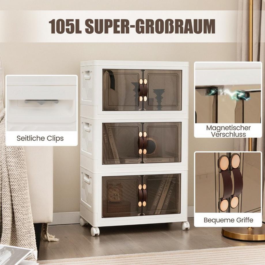 Northix Set di 3 scatole portaoggetti impilabili con coperchi, ruote e ante 49,5 x 31,5 x 86 cm  
