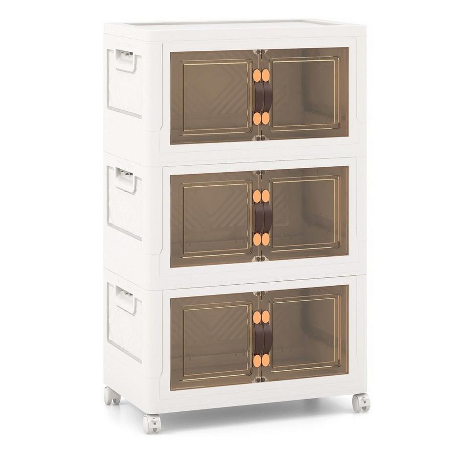 Set di 3 scatole portaoggetti impilabili con coperchi, ruote e ante 49,5 x 31,5 x 86 cm