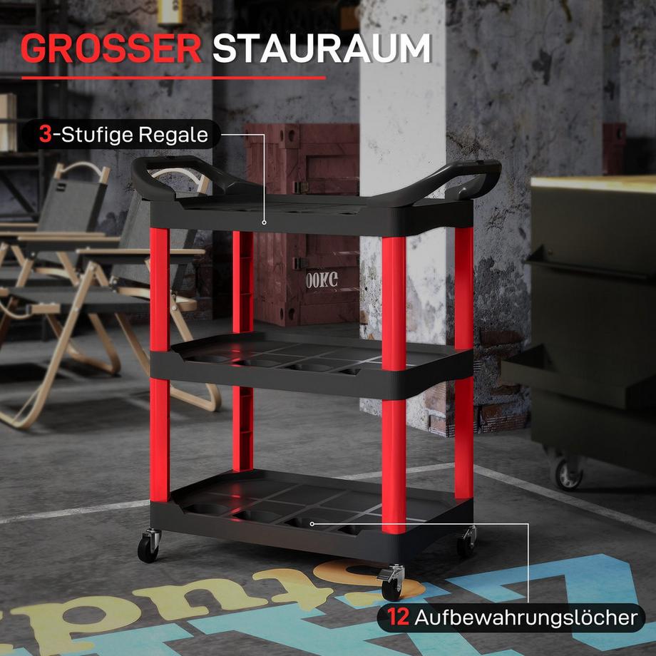 Northio Chariot à outils à 3 niveaux, poignées latérales, roulettes, plastique, rouge  