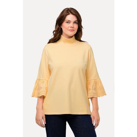 Ulla Popken  Sweat-shirt à col montant et manches 3/4, dentelle et coton bio 