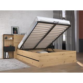 Vente-unique Lit coffre 140 x 190 cm avec chevets - Coloris : Naturel et noir + Matelas - LUDARO  