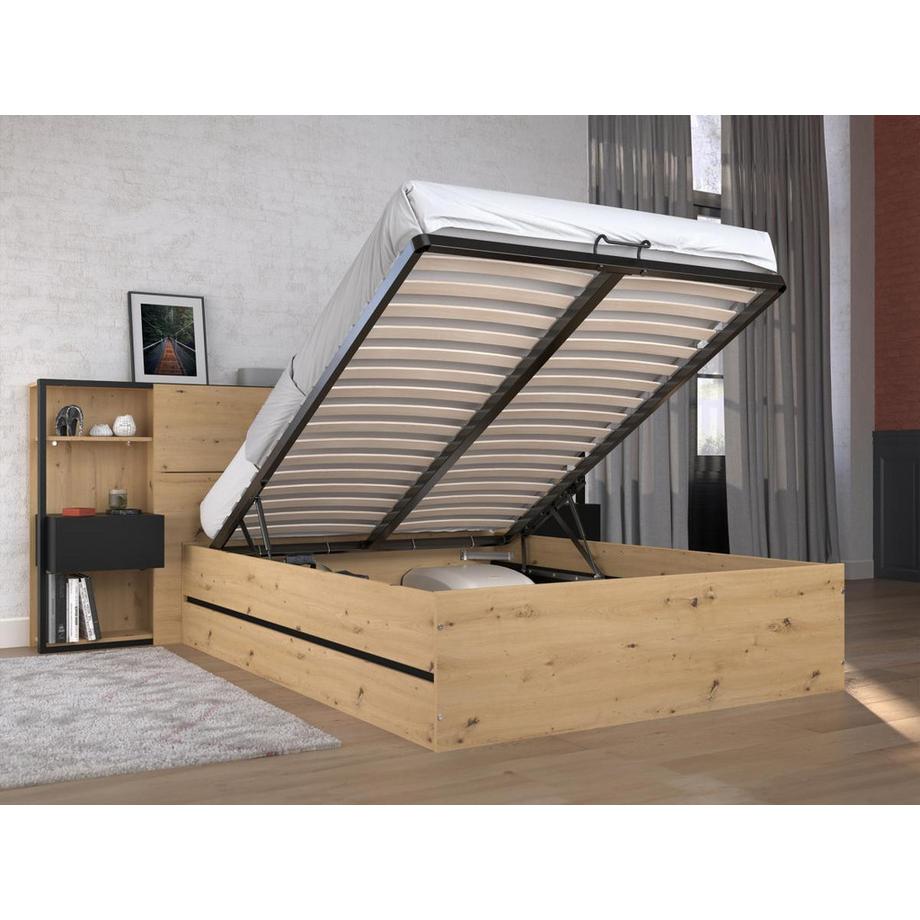 Vente-unique Letto con contenitore 140 x 190 cm con comodini Naturale e Nero + Materasso - LUDARO  