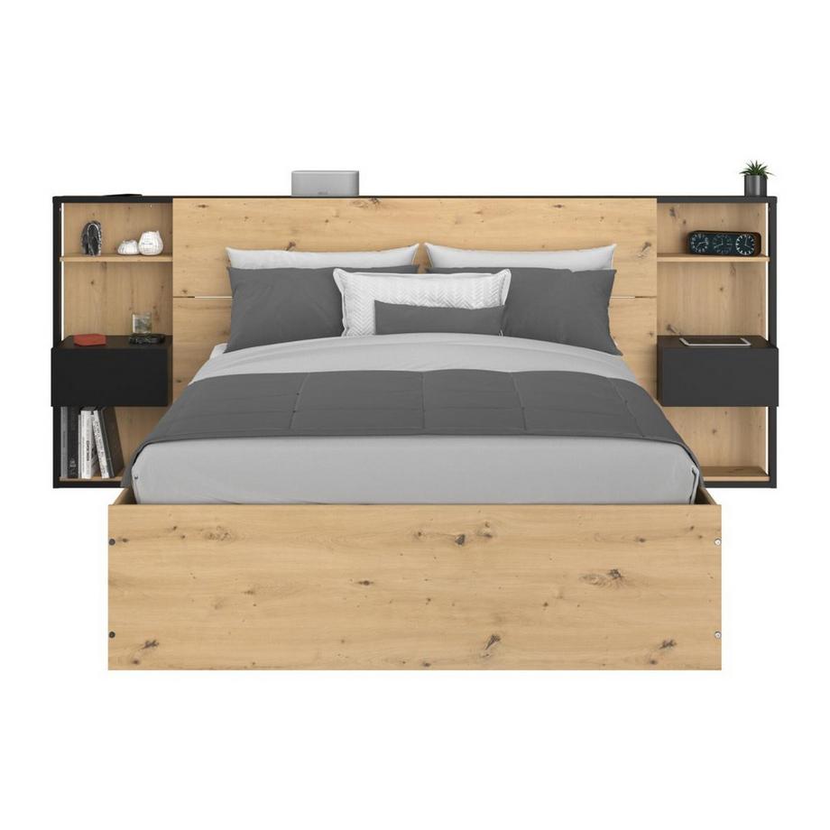 Vente-unique Letto con contenitore 140 x 190 cm con comodini Naturale e Nero + Materasso - LUDARO  