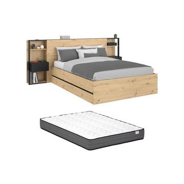 Lit coffre 140 x 190 cm avec chevets - Coloris : Naturel et noir + Matelas - LUDARO