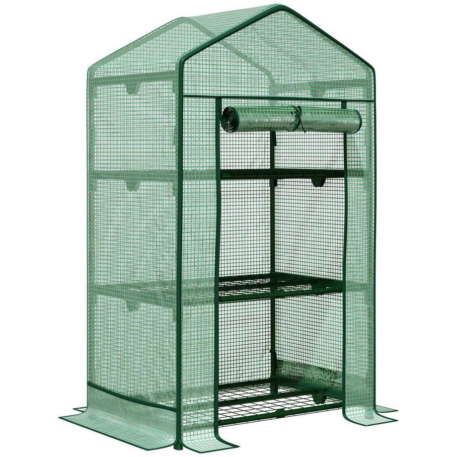 Mini Serra Propagazione Serra Con Copertura In Lamina E 3 Ripiani Scaffali Porta Con Ruote Aiuola Verde 69 X 49 X 125 Cm