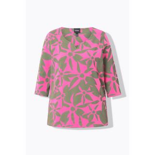 Ulla Popken  T-shirt à fleurs, col tunisien et manches 3/4, coupe Classic 