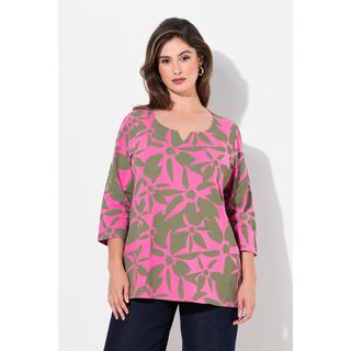 Ulla Popken  T-shirt à fleurs, col tunisien et manches 3/4, coupe Classic 