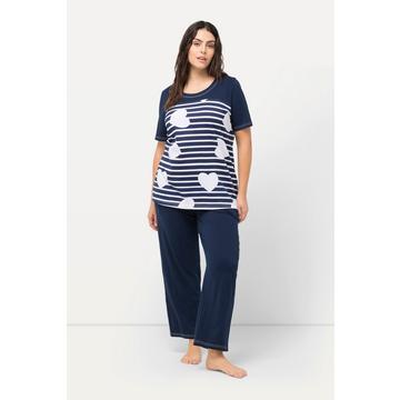 Pigiama con cuori/righe, scollo rotondo e mezze maniche