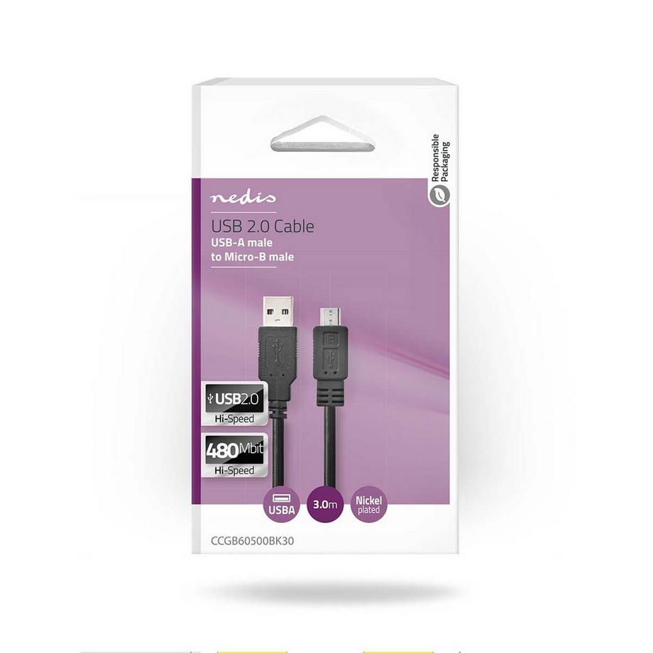 Nedis  Câble USB | USB 2.0 | USB-A mâle | USB Micro-B mâle | 480 Mbps | Nickelé | 3.00 m | Rond | PVC | Noir | Boîte 