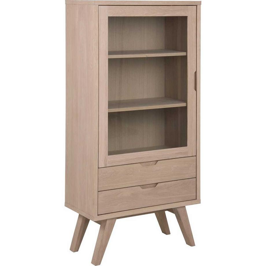 Vitrine Upsala Massiv Furnier Eiche Weiss Ölbehandelt 1 Glastür 2 Schubladen 72x36x145cm