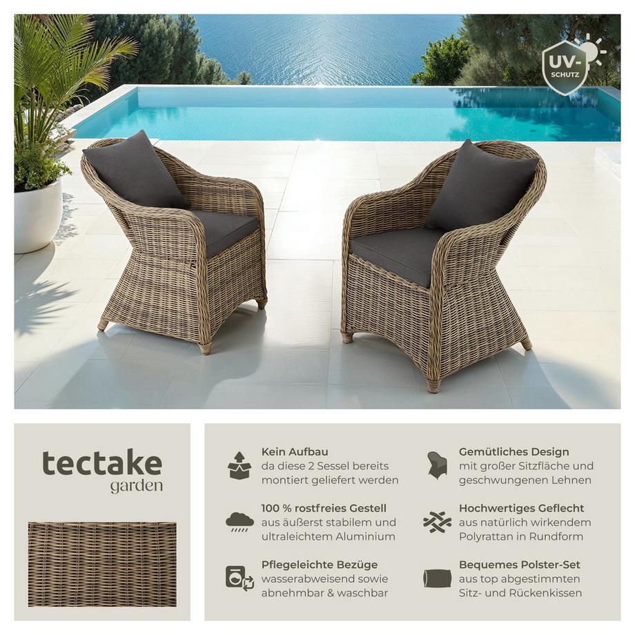 Tectake Lot de 2 fauteuils de jardin en rotin  avec cadre en aluminium  