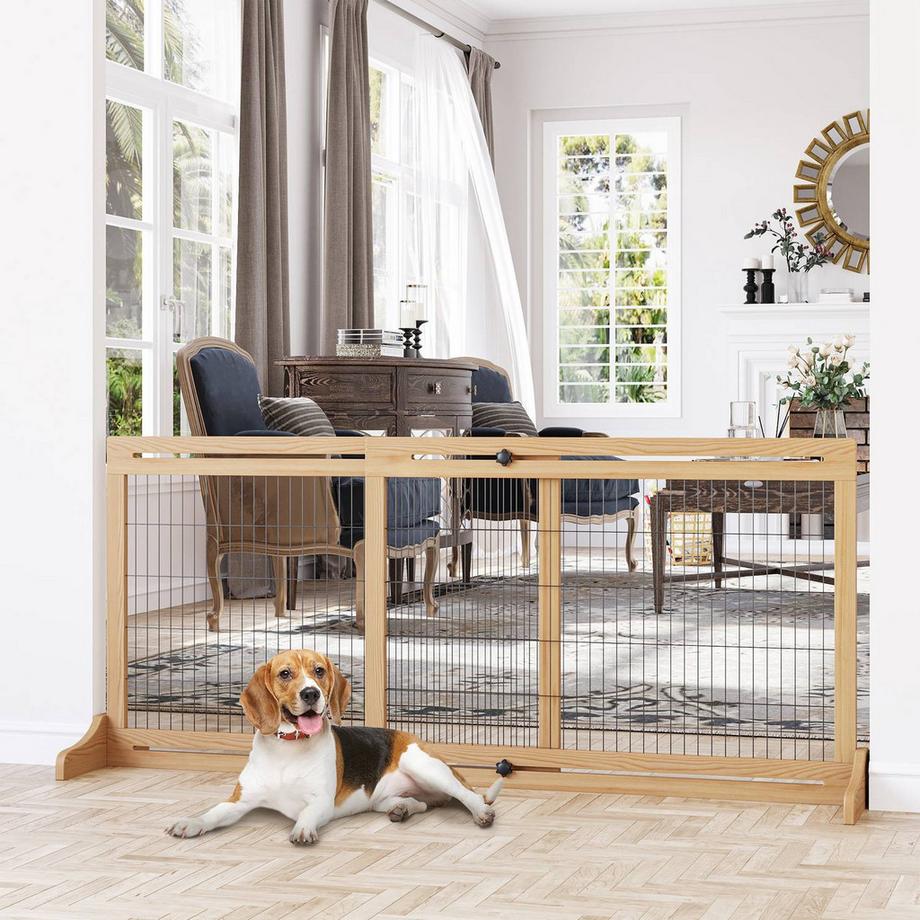 Northio  Barrière Extensible Pour Chien En Bois Autoportante Pour Escaliers Et Portes, Naturel, 202,5 ​​X 76 Cm 
