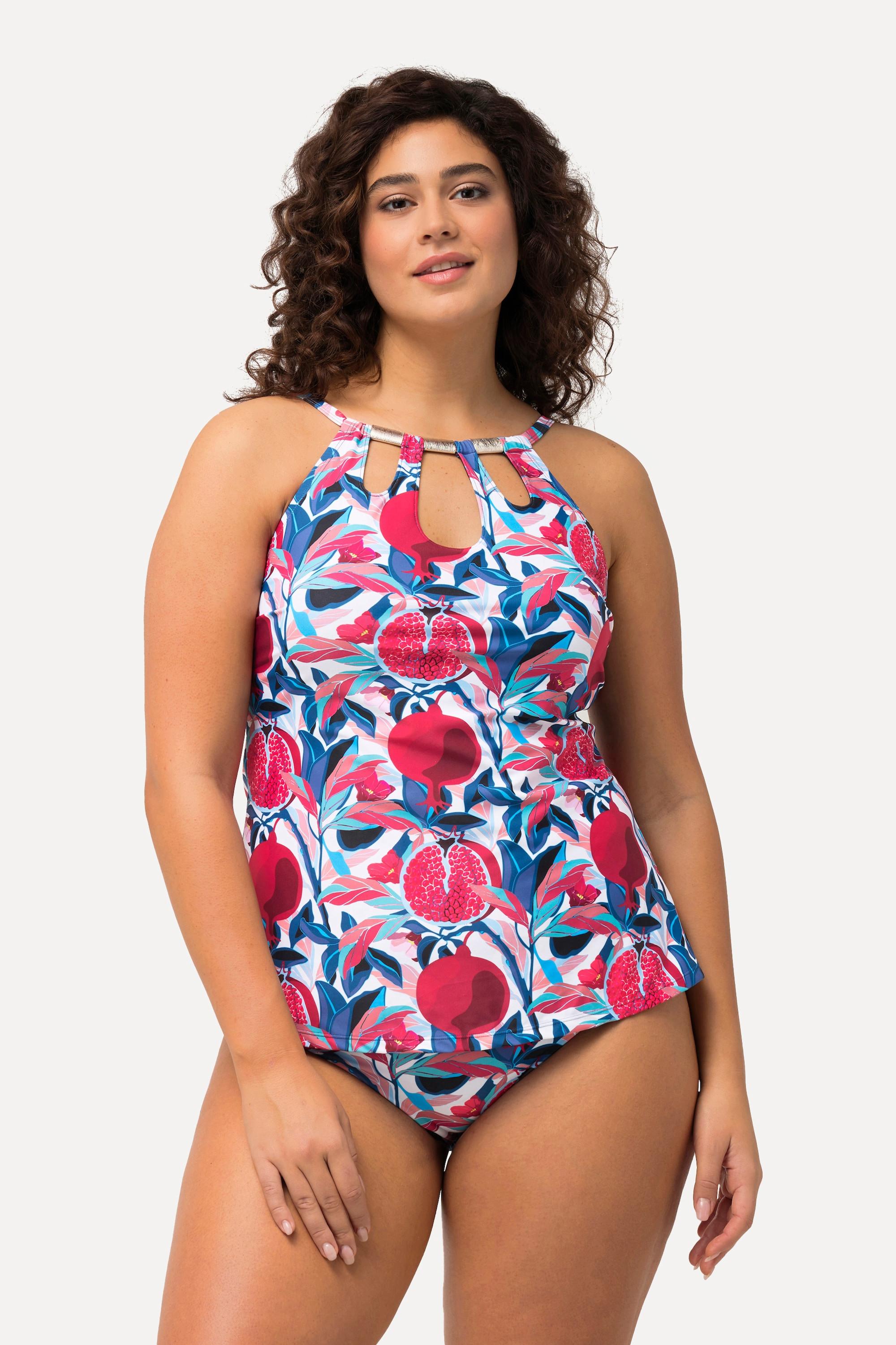 Ulla Popken  Tankini à pois, découpes et bonnets souples. Motifs aspect bois 