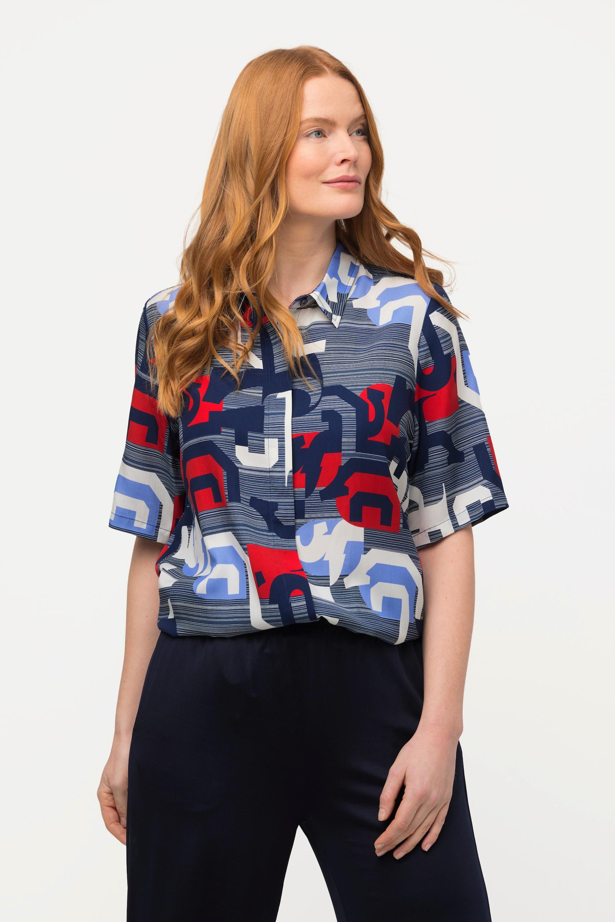 Ulla Popken  Camicia lunga in lyocell con stampa grafica, colletto da camicia e mezze maniche 