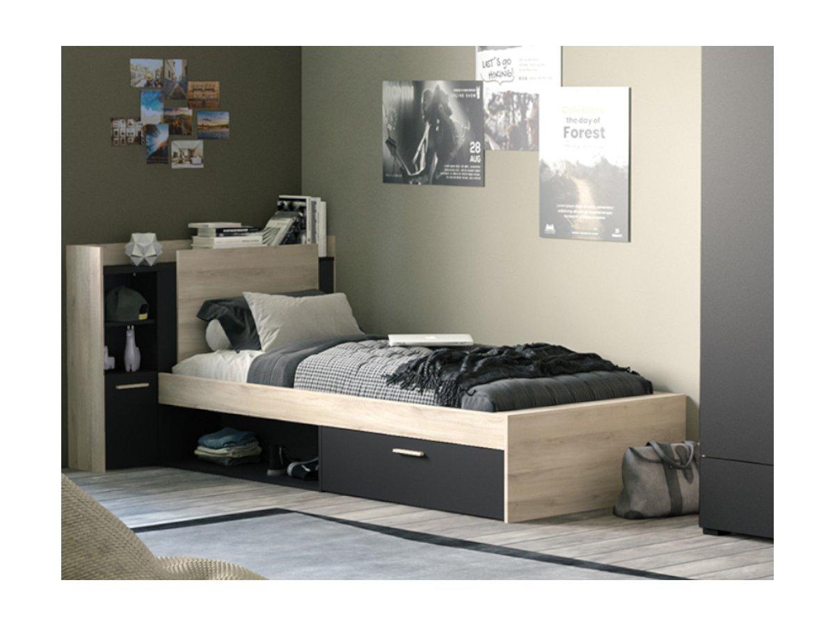 Vente-unique Letto Con vani portaoggetti 90 x 200 cm Nero e Naturale + Rete - MARTELO  