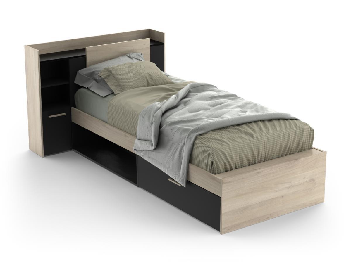 Vente-unique Letto Con vani portaoggetti 90 x 200 cm Nero e Naturale + Rete - MARTELO  