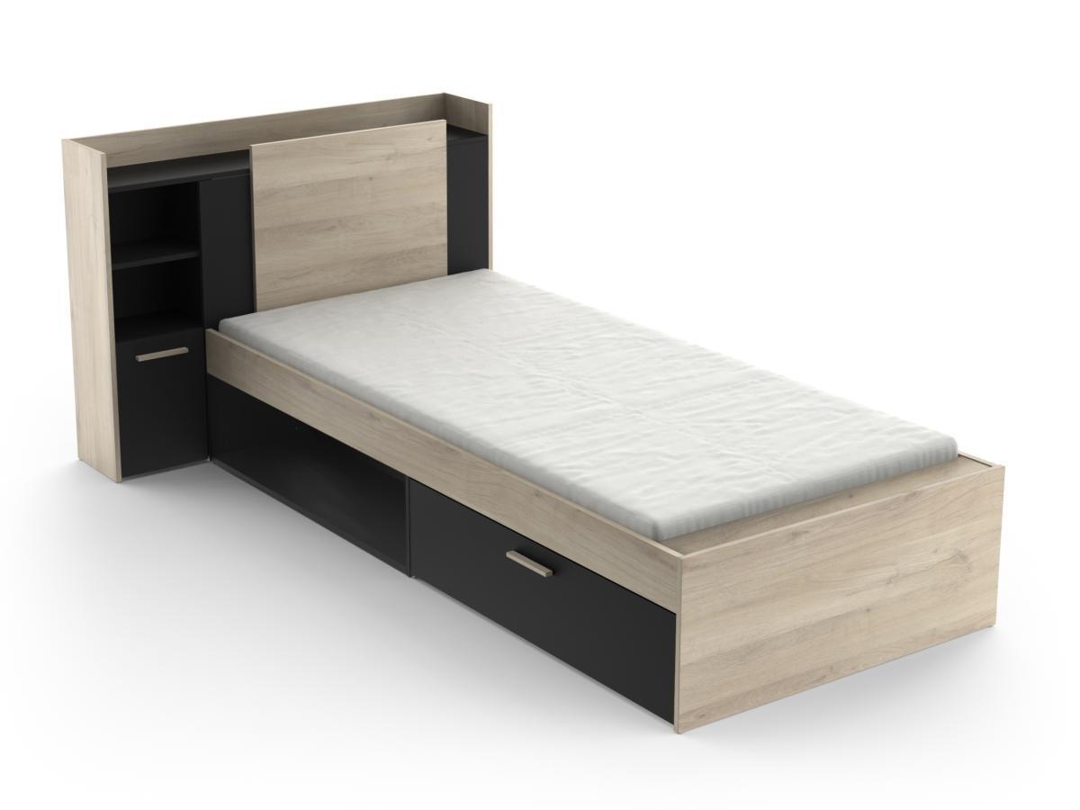 Vente-unique Letto Con vani portaoggetti 90 x 200 cm Nero e Naturale + Rete - MARTELO  