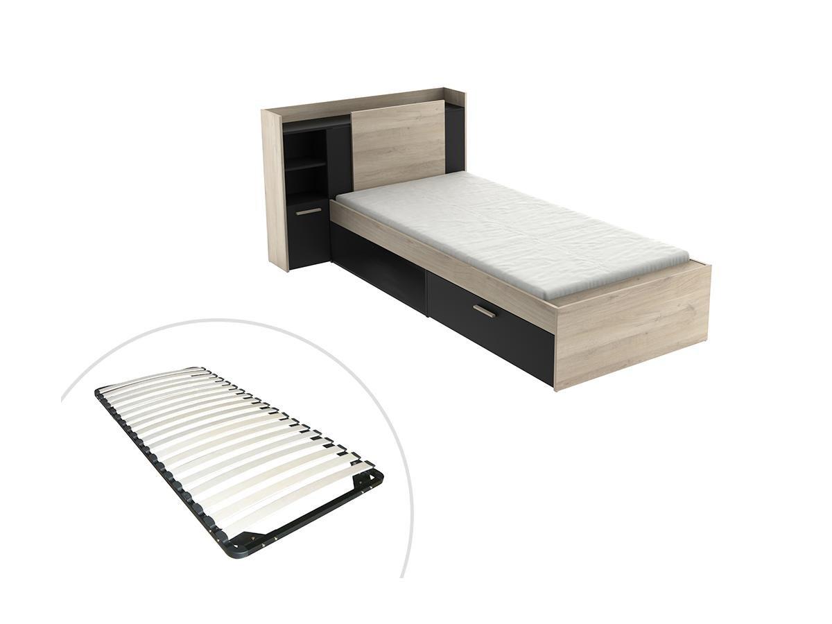 Image of Bett mit Stauraum + Lattenrost - 90 x 200 cm - Schwarz & Holzfarben - MARTELO Bett mit Stauraum + Lattenrost - 90 x 200 cm - Schwarz & Holzfarben - MARTELO