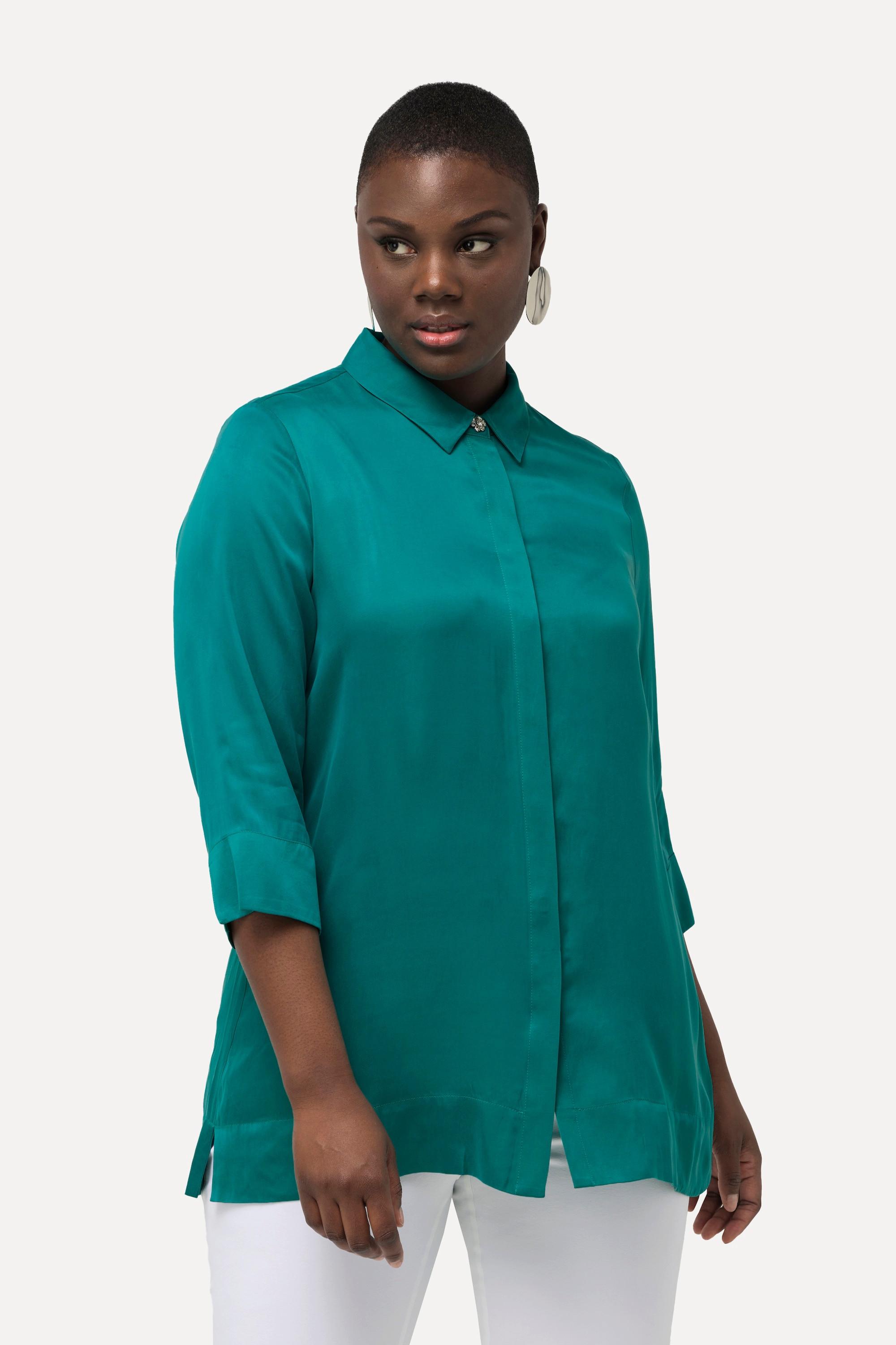 Ulla Popken  Bluse, Cupromix, Boxy, Hemdkragen, 3/4-Arm 