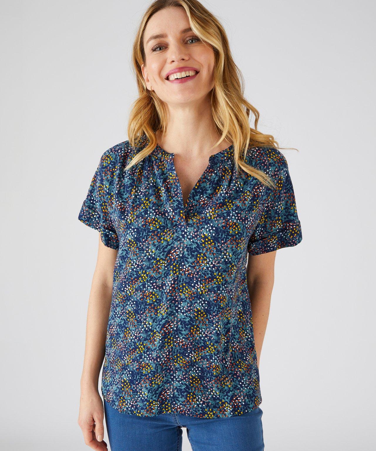 Image of Bedruckte Bluse Aus Reiner Viskose, Rundhalsausschnitt Mit Knopfleiste. Damen Blau 38