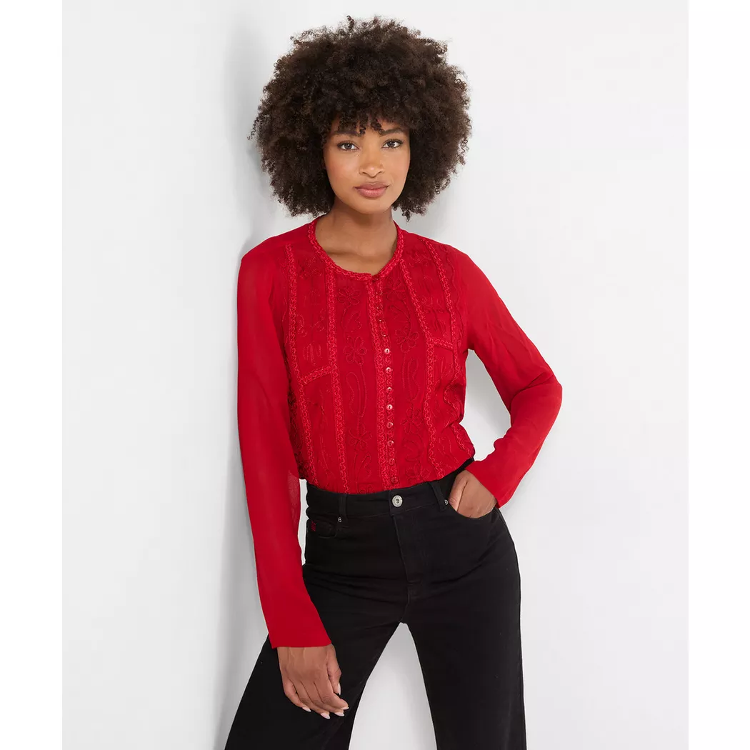 Joe Browns - Emily bestickte durchgeknöpfte Bluse mit Cami-Top, für Damen, Rot Bunt, Größe 46