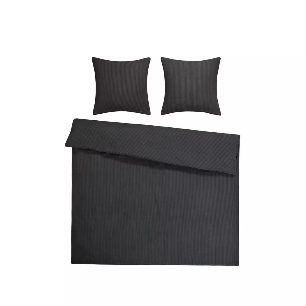 Flair - Seersucker Uni Bettwäsche Set, 200 x 210 cm - 2 x 65 x 65 cm, Dunkelanthrazit