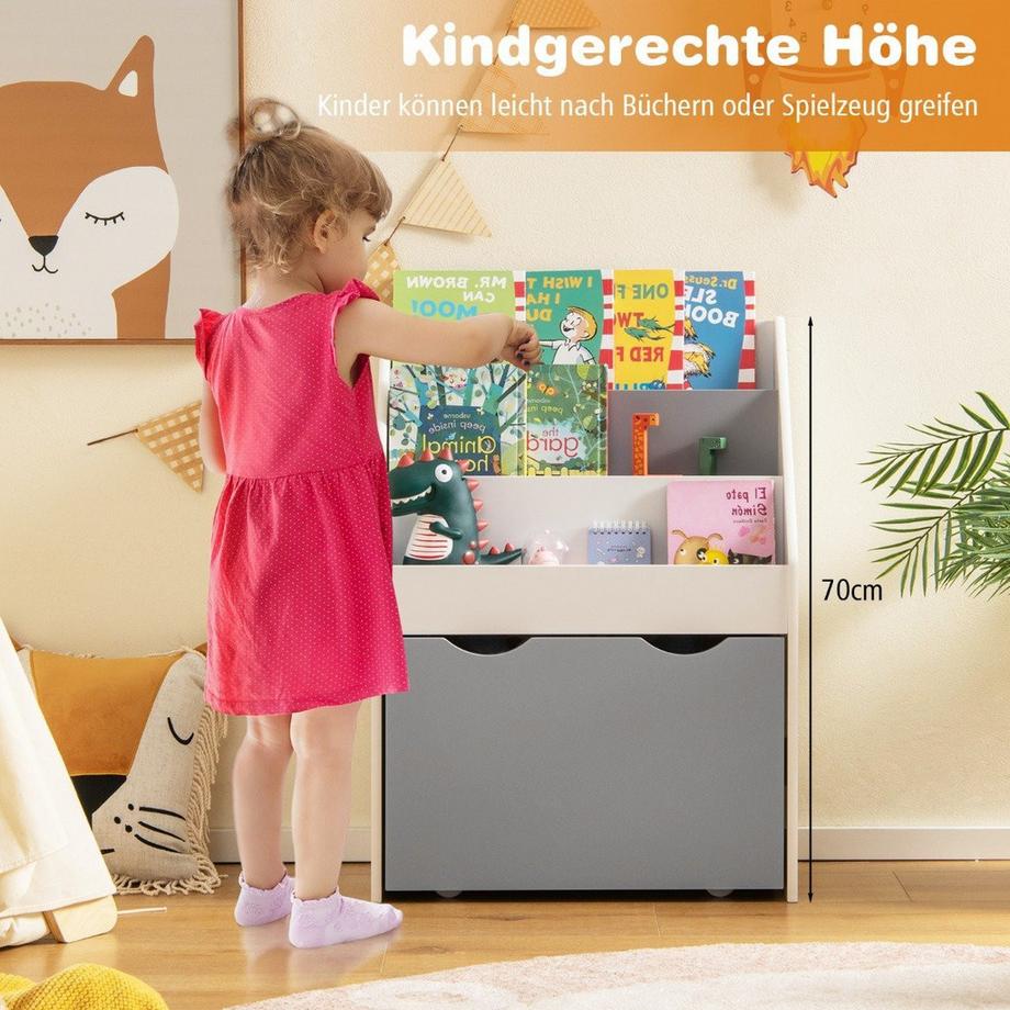 Northio Étagère pour enfants avec 3 étagères et coffre à jouets roulant Bibliothèque pour enfants gris + blanc  