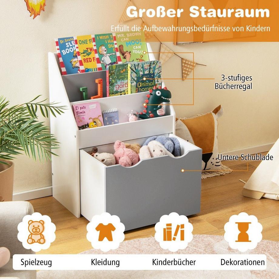 Northio Étagère pour enfants avec 3 étagères et coffre à jouets roulant Bibliothèque pour enfants gris + blanc  