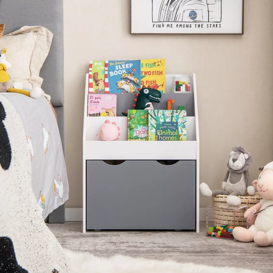 Northio - Scaffale per bambini con 3 ripiani e scatola per giocattoli con ruote. Scaffale per bambini grigio + bianco, 80cm