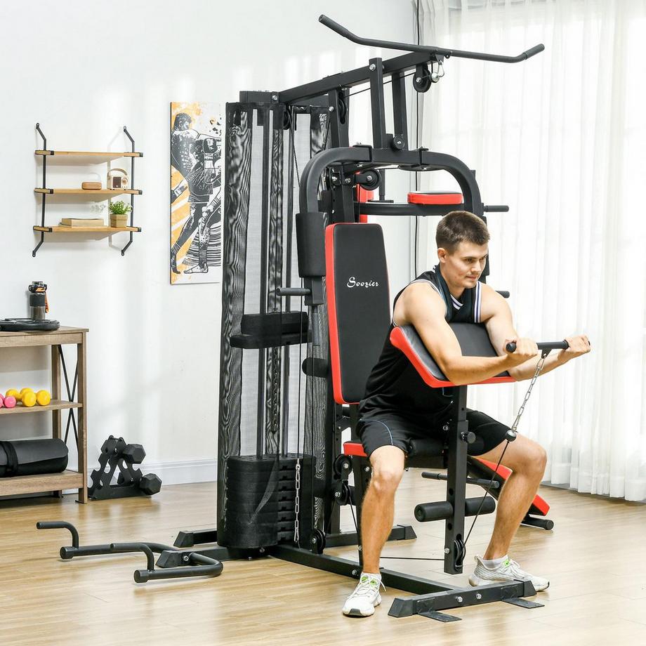 Northio  Station de musculation, station de fitness multifonctionnelle avec barre de traction papillon et latérale, bigoudi, presse pectorale, banc assis, appareil de fitness avec blocs de poids de 65 kg pour la maison, noir 