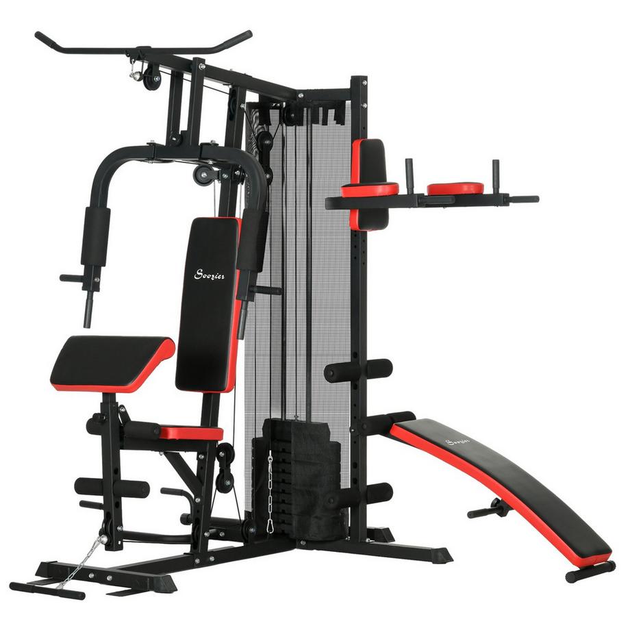 Station de musculation, station de fitness multifonctionnelle avec barre de traction papillon et latérale, bigoudi, presse pectorale, banc assis, appareil de fitness avec blocs de poids de 65 kg pour la maison, noir