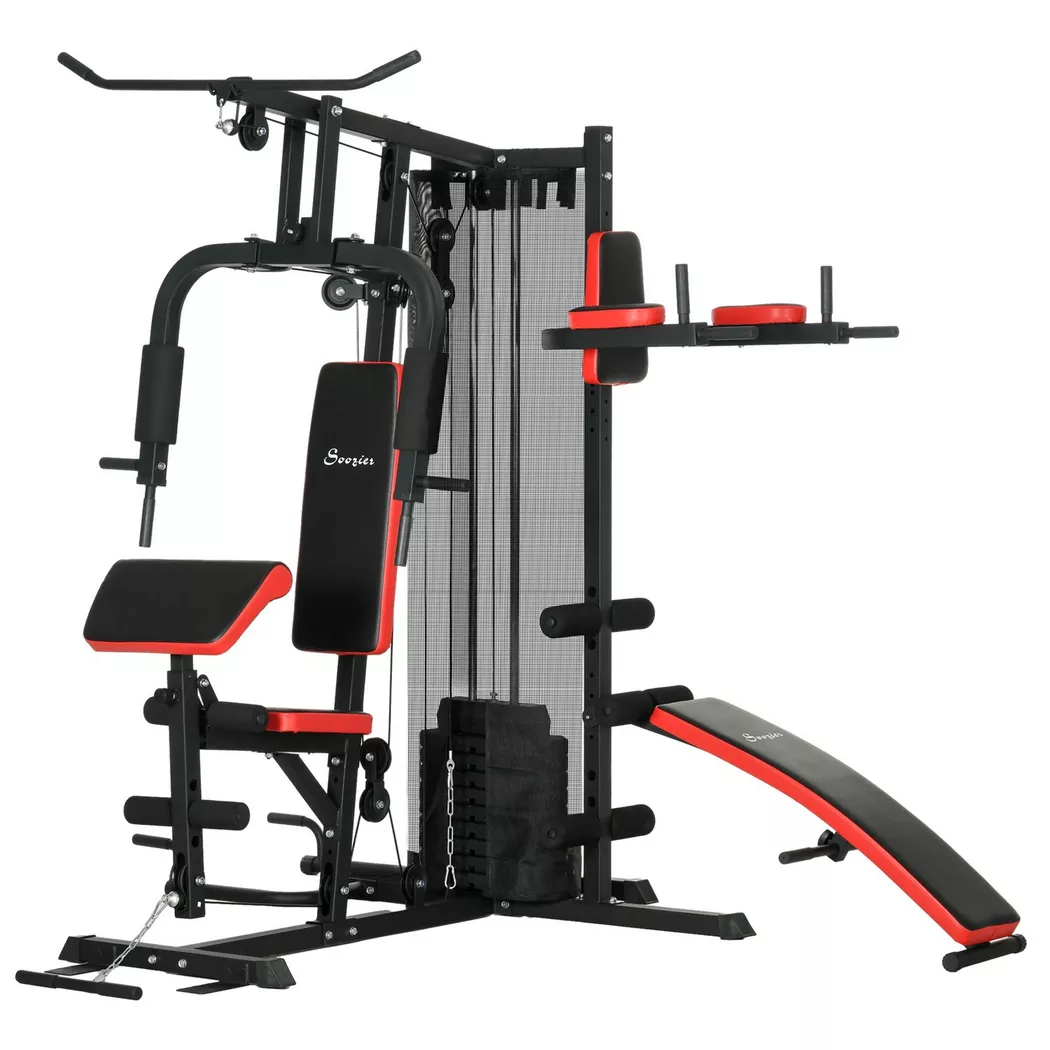 Northio - Kraftstation, Multifunktionale Fitnessstation mit Butterfly- & Latzugstange, Curler, Brustpresse, Sit-Up-Bank, Fitnessgerät mit 65 kg Gewichtsblöcken für Zuhause, Schwarz, 200 cm