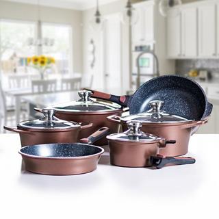 Royalty Line Ensemble de Cuisine 6 Pièces avec Revêtement en Marbre et Ustensiles - cuivre  