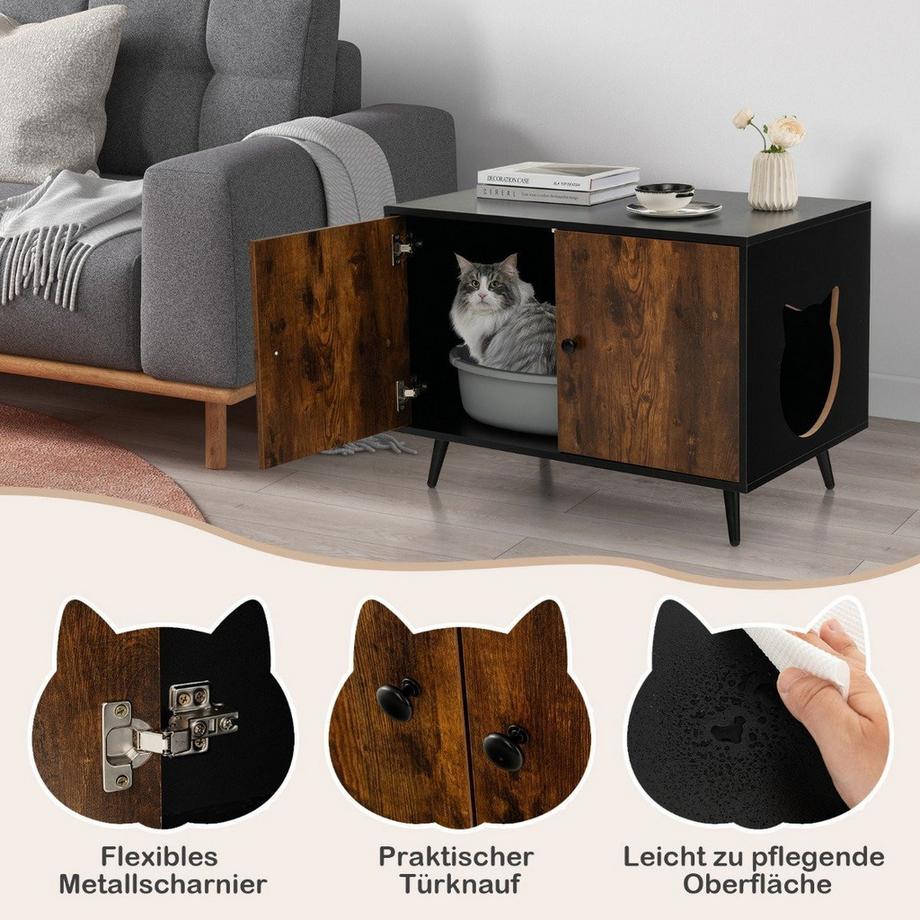 Northio  Katzenschrank Katzentoilette Katzenhaus mit Doppeltüren & Eingang 80 x 50 x 57 cm Schwarz + Natur 