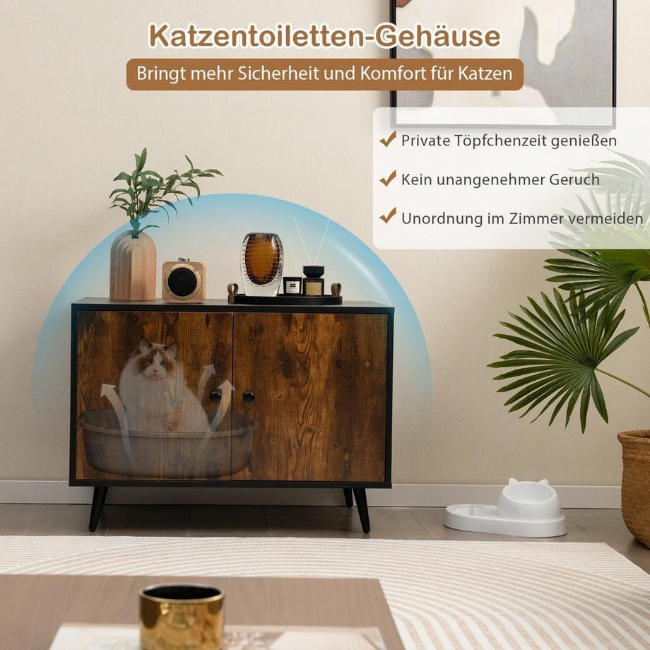 Northio  Katzenschrank Katzentoilette Katzenhaus mit Doppeltüren & Eingang 80 x 50 x 57 cm Schwarz + Natur 