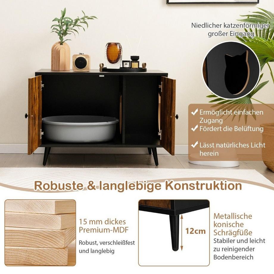 Northio  Katzenschrank Katzentoilette Katzenhaus mit Doppeltüren & Eingang 80 x 50 x 57 cm Schwarz + Natur 