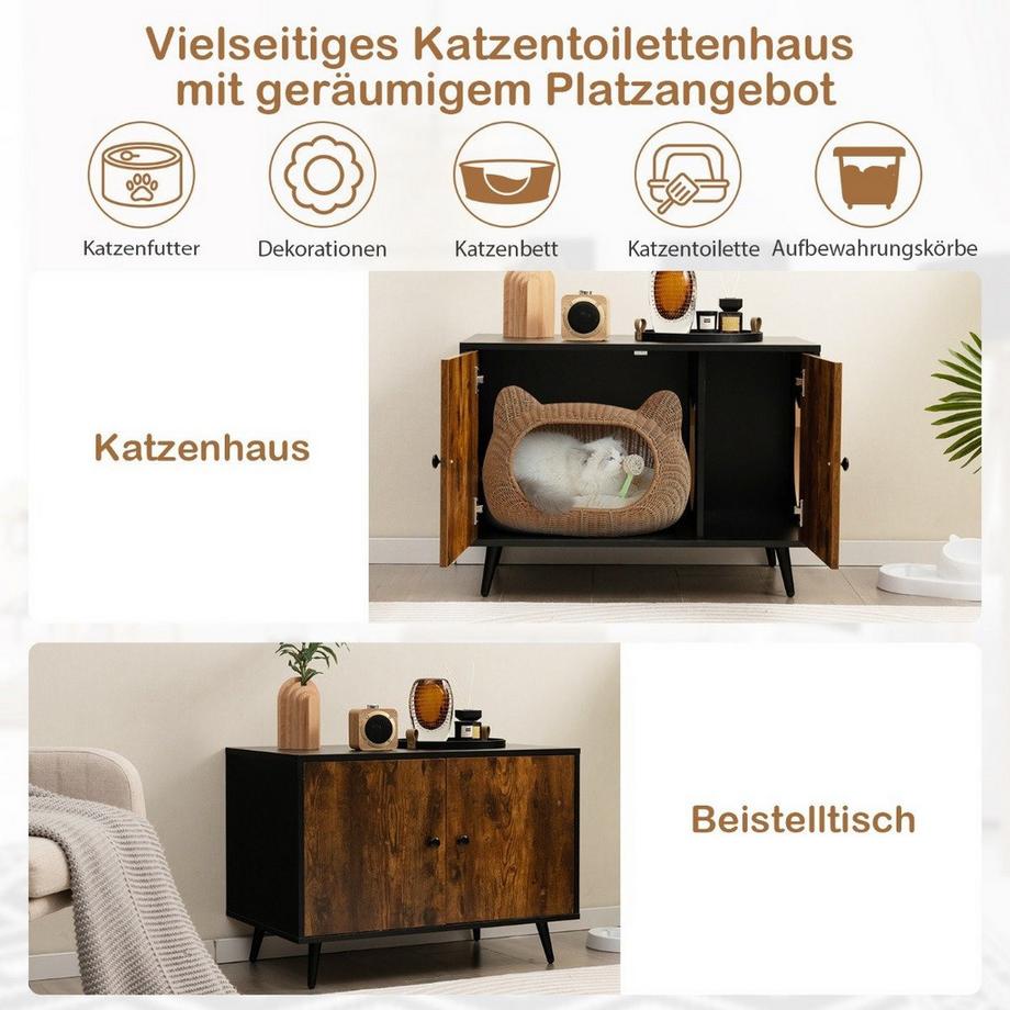 Northio  Katzenschrank Katzentoilette Katzenhaus mit Doppeltüren & Eingang 80 x 50 x 57 cm Schwarz + Natur 