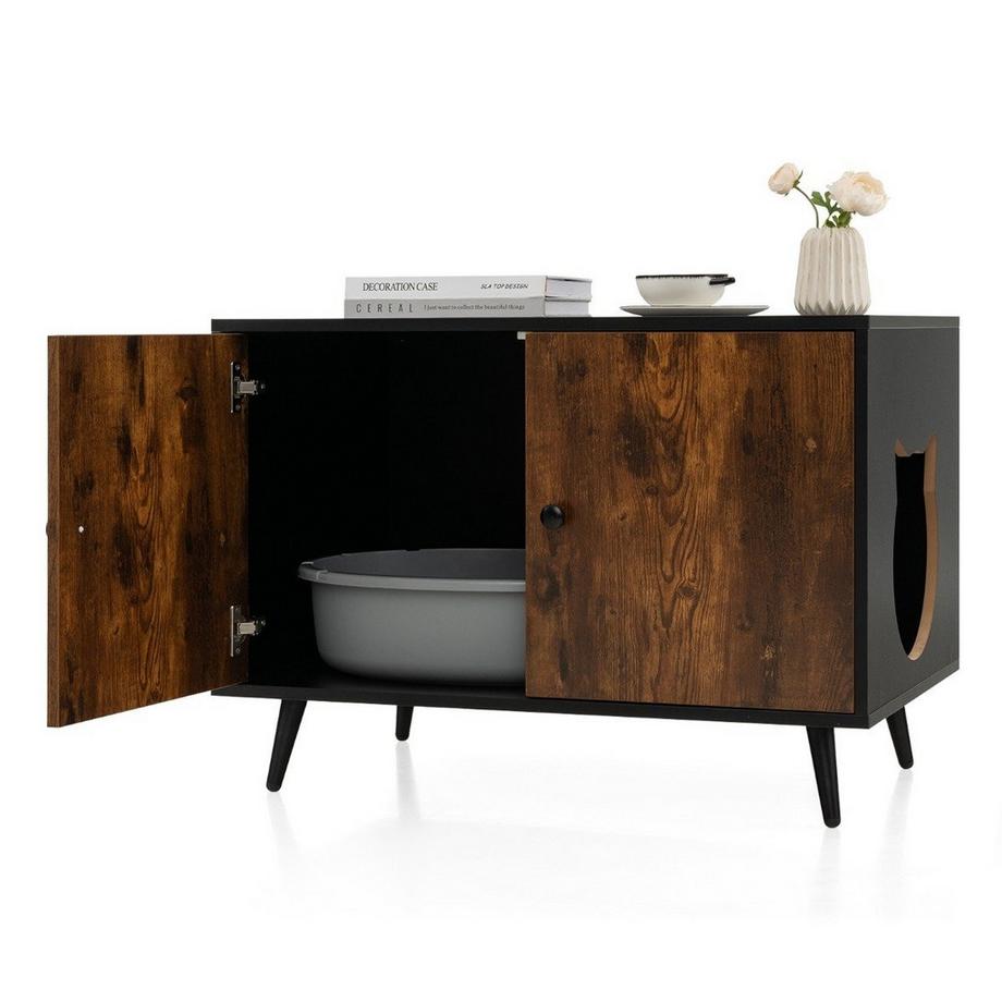 Northio  Katzenschrank Katzentoilette Katzenhaus mit Doppeltüren & Eingang 80 x 50 x 57 cm Schwarz + Natur 